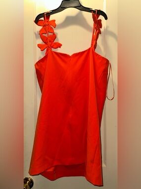 ANTONIO MELANI Red-Orange Spaghetti Strap Dress with Bow Accent